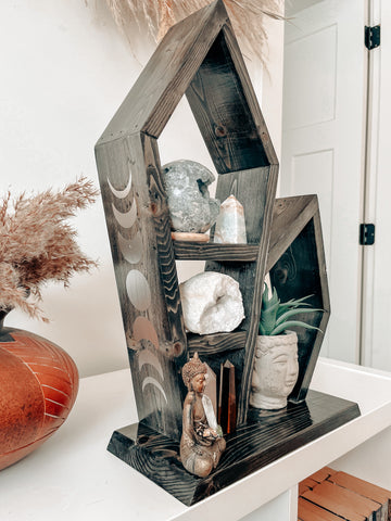 Wide base crystal altar shelf with side moon phases