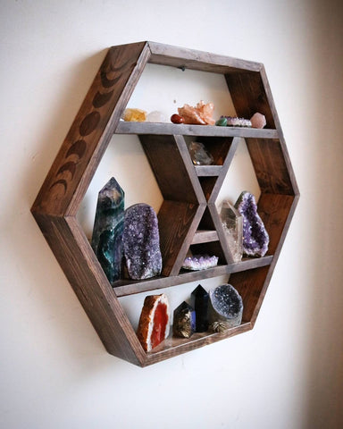 Honeycomb Hexagon Altar Shelf - kona/oak stain with dual moon phases