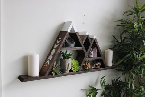 Extended base three peak mountain altar shelf with moon phases