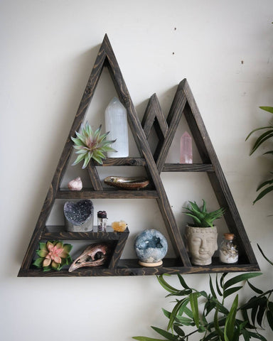 Tall three peak mountain altar shelf with sun and moon geometric side design