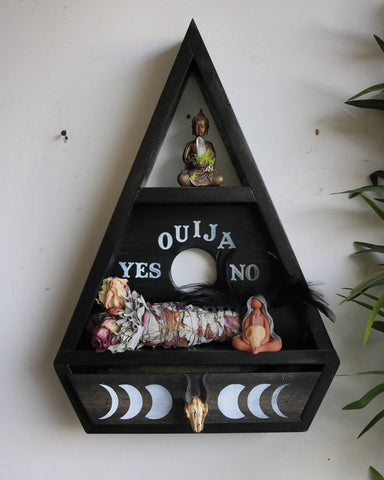 Ouija Planchette Wiccan altar shelf with moon phase pull out drawer