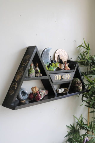 Two peak mountain altar shelf with moon phase pull out drawer