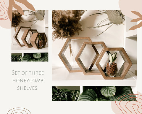 Set of three honeycomb hexagon shelves