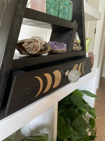 Triangle Crystal Altar shelf with moon phases and pull out drawer