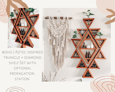 Triangle d'inspiration bohème / aztèque + ensemble d'étagères en diamant avec station de propagation en option