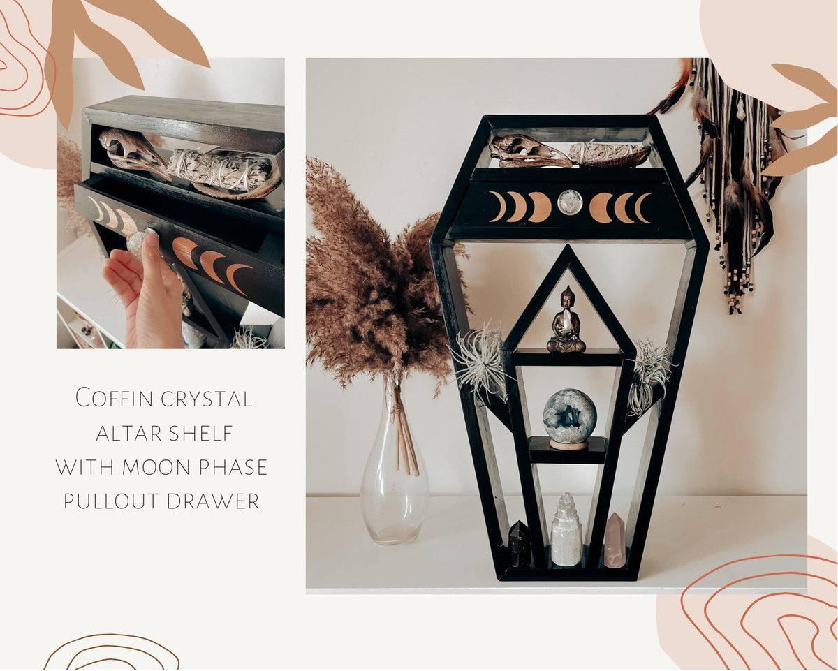 Coffin crystal altar shelf with moon phase drawer