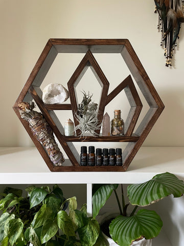 Honeycomb Hexagon Altar Shelf With Inner Crystal Design and Side Moon Phases